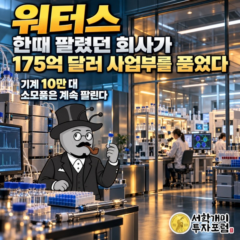 실험실 분석 장비와 함께 워터스가 BD 사업부를 품은 이야기를 담은 커버, 제목 워터스 한때 팔렸던 회사가 175억 달러 사업부를 품었다