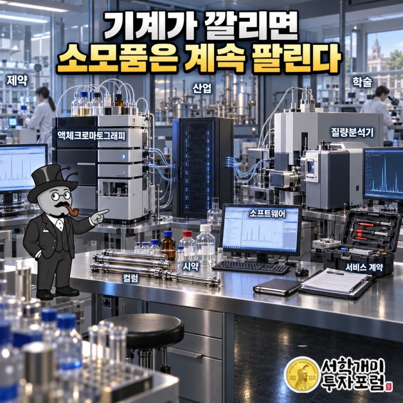 워터스가 제약·산업·학술 실험실에 분석 기기를 팔고 컬럼·시약·소프트웨어·서비스 계약으로 반복 매출을 얻는 구조
