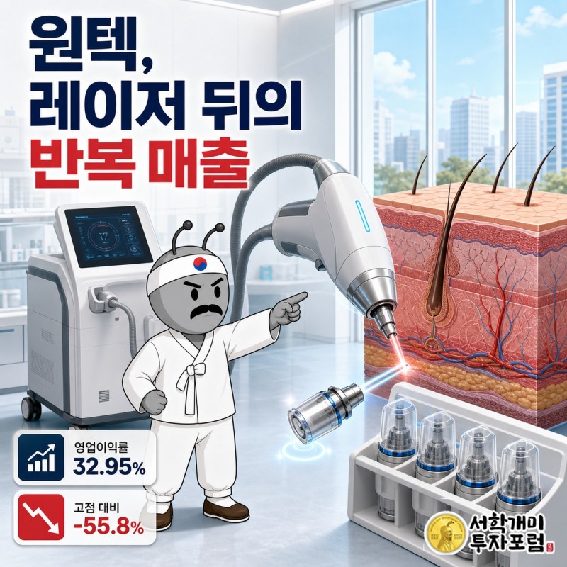 원텍 매출 19.3퍼센트 상승 화살표와 영업이익 35.8퍼센트 하락 화살표가 엇갈리고 판관비 74.9퍼센트 증가 표지판이 선 커버